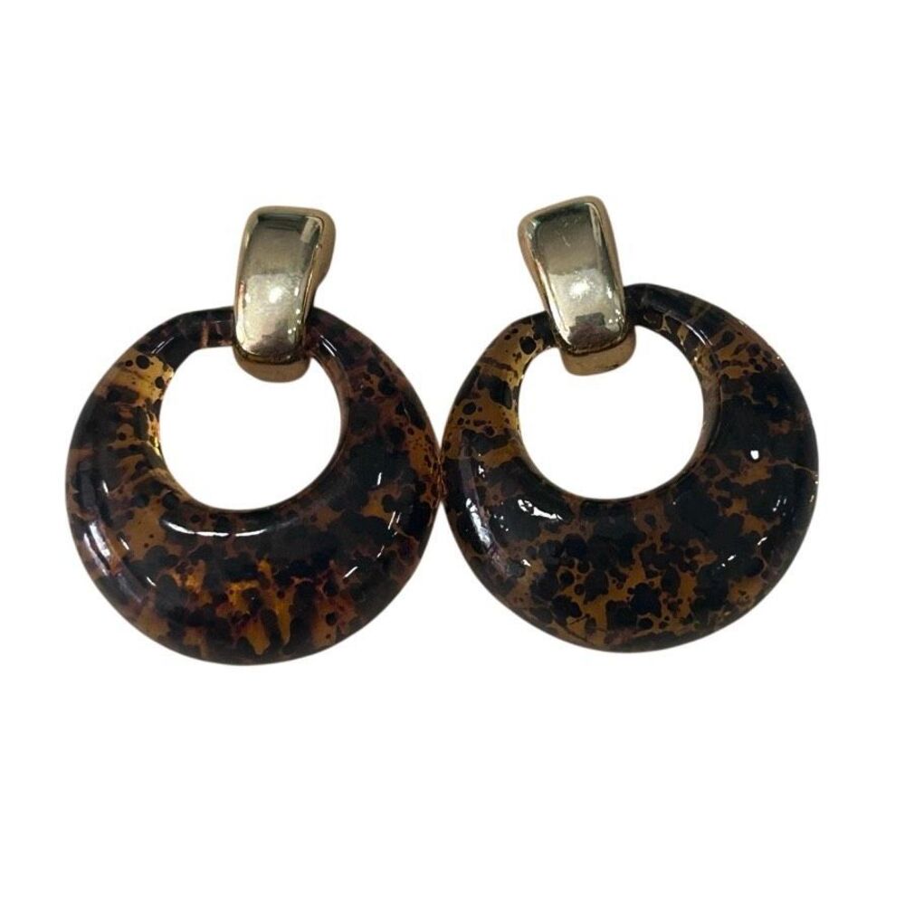Vtg 1980's Door Knocker Statement Pierced Earrings 1.5" Brown Faux Tortoiseshell
